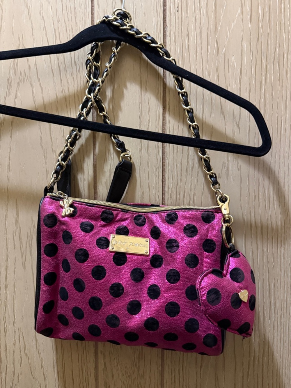 Betsey Johnson Hot Pink and Black Polka Dot Chain Shoulder Bag